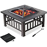 32In Outdoor Fire Pit Metal Square Firepit Patio Stove Wood Burning BBQ Grill Fire Pit Bowl with Spark Screen Cover ...