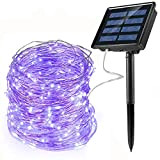 Ankway Guirlande lumineuse solaire 200 LED violet en fil de cuivre amélioré, 22 m, 8 modes d'éclairage, marche/arrêt automatique, étanchéité ...