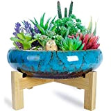 ARTKETTY Grand pot fleurs rond 25.4 cm avec support, pot bonsaï vintage en céramique émaillée avec écran drainage en désordre, ...