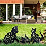 Cat Yard Art Jardin Statues Métalliques Déco, 3 PIÈCES Chat Évider Silhouette Forme Animale Pieu Décorations, Noir