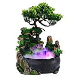 Ejoyous Fontaine d'intérieur avec éclairage LED - Fontaine d'intérieur en polyrésine avec pompe et plantes - Fontaine d'eau pour chambre ...