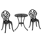 Ensemble Salon de Jardin 2 Places 2 chaises + Table Ronde Fonte d'aluminium Imitation Fer forgé Noir