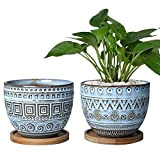 EPGardening Lot de 2 pots de fleurs bleus rétro en céramique - Géométrie - Grand pot de fleurs rond pour ...