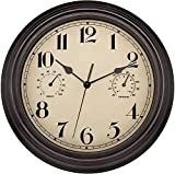 Foxtop 12 Pouces Intérieur/Extérieur Silencieux Sans tic-tac Étanche Horloge Murale avec Thermomètre et Humidité pour Patio/Cour (30cm Bronze)