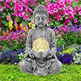 Goodeco Statue de Bouddha méditant avec lumière solaire, statue de Bouddha solaire zen avec boule de verre craquelé, décoration intérieure/extérieure, ...