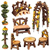Hakkin Miniature Woodland Outdoor Fairy Garden Collection Meubles avec 2 tabourets, chaise, table, porte en bois, panneaux de rue, lanternes ...