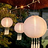 Lampions solaires d'extérieur - 25 cm - Lampions à 4 pompons - Lanterne solaire de jardin à suspendre - En ...