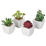 Lot de 4 petits pots de fleurs MyGift en céramique en forme de cube, blanc moderne avec plantes artificielles