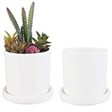 MyGift Lot de 2 pots de fleurs en céramique avec soucoupe amovible Blanc mat 10,2 cm