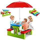RELAX4LIFE Ensemble Salon de Jardin pour Enfant Comprenant 1 Table et 2 Bancs Plus 1 Parasol Centré en Couleurs Vives, ...