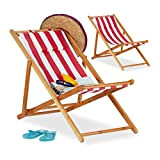 Relaxdays Chaise pliante lot de 2 en bambou tissu chaise de jardin oreiller balcon plage fauteuil, rouge