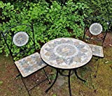 Set de 2X Chaises et 1x Table de Jardin Ronde Plateau de Table en Pierre sur métal Motif mosaïque Faite ...