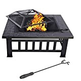 Square Fire Pit Outdoor Wood Burning Steel BBQ Grill Firepit Bowl with Mesh Spark Screen Cover Log Wood Fire Poker ...