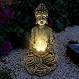 Statue de jardin bouddha méditante avec lumière solaire, bouddha solaire calme de jardin avec boule de verre cassée et décoration ...